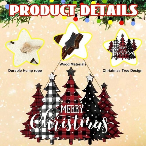 NWT- Stunning Buffalo Check Merry Christmas- 5 Tree🎄 Wooden Decoration Sign - Picture 4 of 6